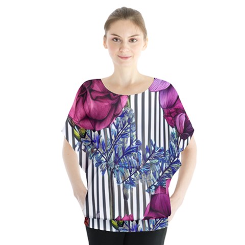 Dazzling Watercolor Flowers Batwing Chiffon Blouse by GardenOfOphir