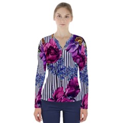 Dazzling Watercolor Flowers V-neck Long Sleeve Top by GardenOfOphir