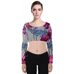 Dazzling Watercolor Flowers Velvet Long Sleeve Crop Top by GardenOfOphir