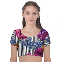 Dazzling Watercolor Flowers Velvet Short Sleeve Crop Top  by GardenOfOphir