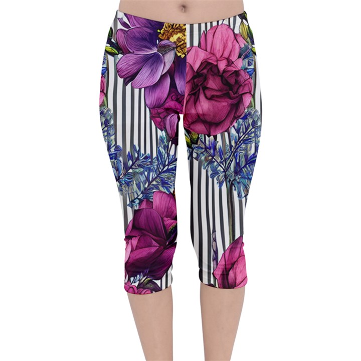 Dazzling Watercolor Flowers Velvet Capri Leggings 