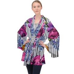 Dazzling Watercolor Flowers Long Sleeve Velvet Kimono  by GardenOfOphir