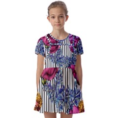 Dazzling Watercolor Flowers Kids  Short Sleeve Pinafore Style Dress