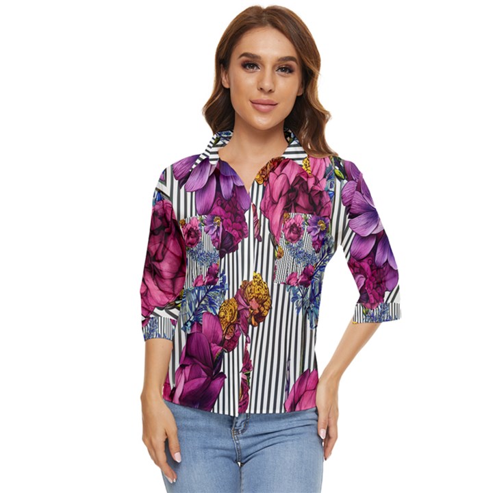 Dazzling Watercolor Flowers Women s Quarter Sleeve Pocket Shirt