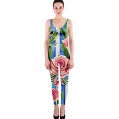 Chic Watercolor Flowers One Piece Catsuit by GardenOfOphir