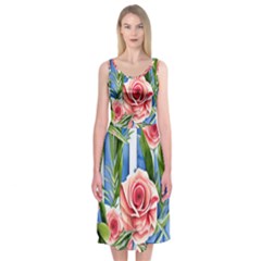 Chic Watercolor Flowers Midi Sleeveless Dress by GardenOfOphir