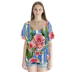 Chic Watercolor Flowers V-neck Flutter Sleeve Top by GardenOfOphir