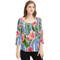 Chic Watercolor Flowers Chiffon Quarter Sleeve Blouse by GardenOfOphir