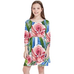 Chic Watercolor Flowers Kids  Quarter Sleeve Skater Dress