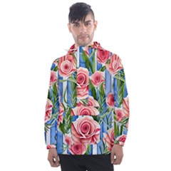 Chic Watercolor Flowers Men s Front Pocket Pullover Windbreaker by GardenOfOphir