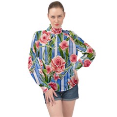 Chic Watercolor Flowers High Neck Long Sleeve Chiffon Top by GardenOfOphir