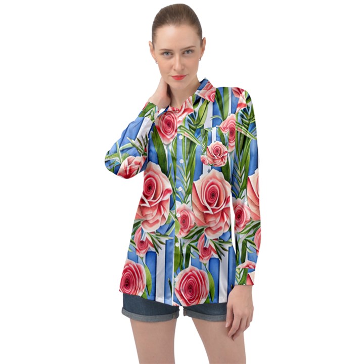 Chic watercolor flowers Long Sleeve Satin Shirt