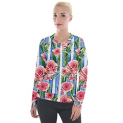 Chic Watercolor Flowers Velvet Zip Up Jacket by GardenOfOphir