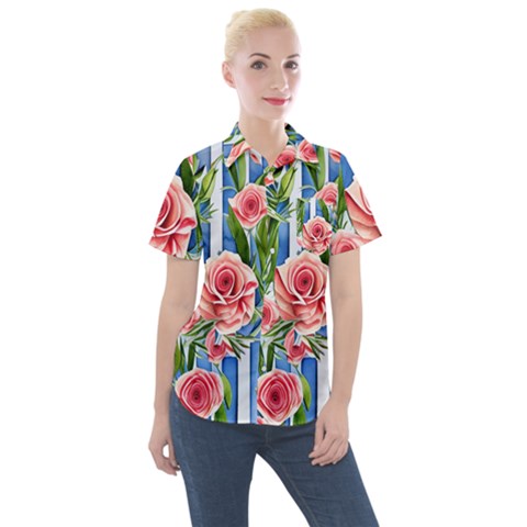 Chic Watercolor Flowers Women s Short Sleeve Pocket Shirt by GardenOfOphir