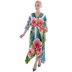 Chic Watercolor Flowers Quarter Sleeve Wrap Front Maxi Dress by GardenOfOphir