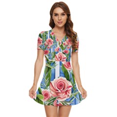 Chic Watercolor Flowers V-neck High Waist Chiffon Mini Dress