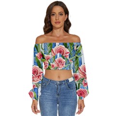 Chic Watercolor Flowers Long Sleeve Crinkled Weave Crop Top