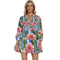 Chic Watercolor Flowers V-neck Placket Mini Dress