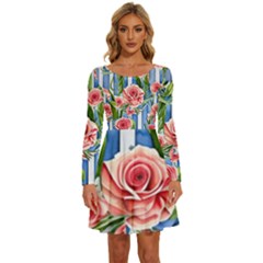 Chic Watercolor Flowers Long Sleeve Wide Neck Velvet Dress