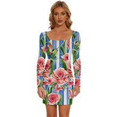 Chic Watercolor Flowers Long Sleeve Square Neck Bodycon Velvet Dress