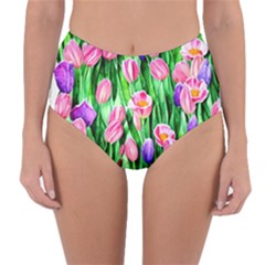 Combined Watercolor Flowers Reversible High-waist Bikini Bottoms by GardenOfOphir