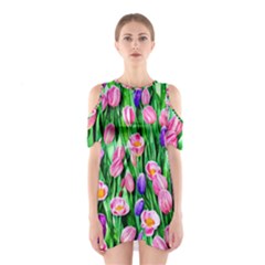 Combined Watercolor Flowers Shoulder Cutout One Piece Dress by GardenOfOphir