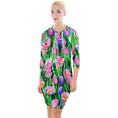 Combined Watercolor Flowers Quarter Sleeve Hood Bodycon Dress by GardenOfOphir