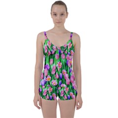 Combined Watercolor Flowers Tie Front Two Piece Tankini by GardenOfOphir