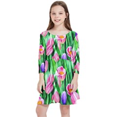 Combined Watercolor Flowers Kids  Quarter Sleeve Skater Dress by GardenOfOphir