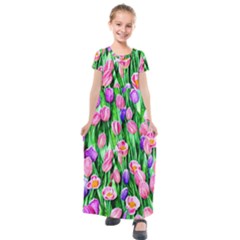 Combined Watercolor Flowers Kids  Short Sleeve Maxi Dress by GardenOfOphir