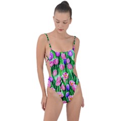 Combined Watercolor Flowers Tie Strap One Piece Swimsuit by GardenOfOphir