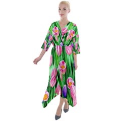 Combined Watercolor Flowers Quarter Sleeve Wrap Front Maxi Dress by GardenOfOphir