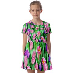 Combined Watercolor Flowers Kids  Short Sleeve Pinafore Style Dress