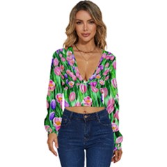 Combined Watercolor Flowers Long Sleeve Deep-v Velour Top