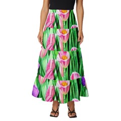 Combined Watercolor Flowers Tiered Ruffle Maxi Skirt by GardenOfOphir