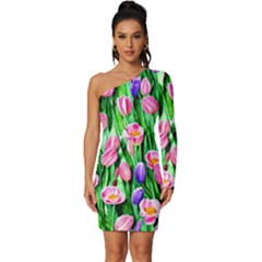 Combined Watercolor Flowers Long Sleeve One Shoulder Mini Dress