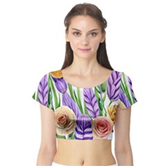 Classy Watercolor Flowers Short Sleeve Crop Top by GardenOfOphir