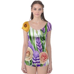 Classy Watercolor Flowers Boyleg Leotard  by GardenOfOphir