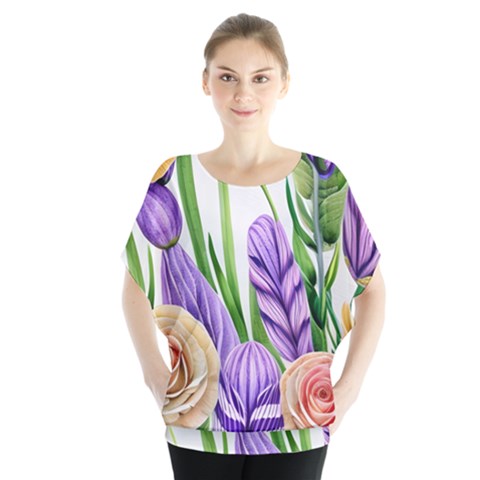 Classy Watercolor Flowers Batwing Chiffon Blouse by GardenOfOphir