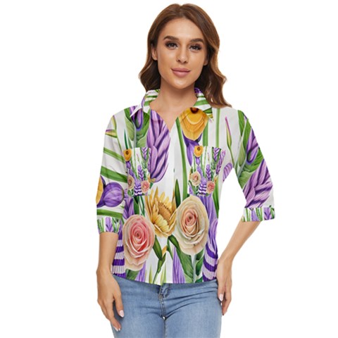 Classy Watercolor Flowers Women s Quarter Sleeve Pocket Shirt by GardenOfOphir