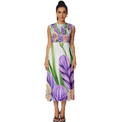 Classy Watercolor Flowers Sleeveless Round Neck Midi Dress by GardenOfOphir