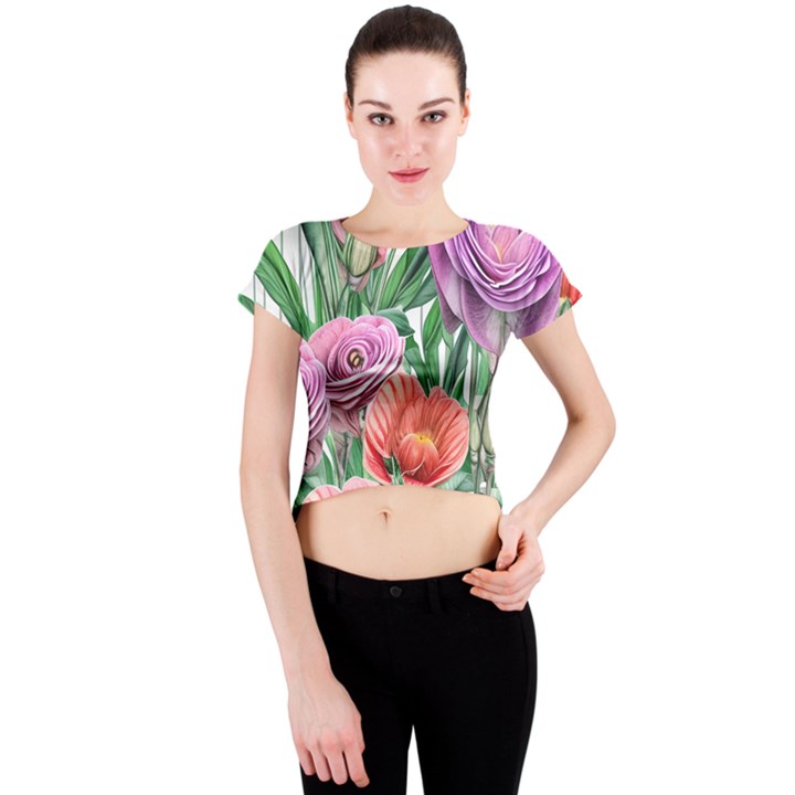 Captivating Watercolor Flowers Crew Neck Crop Top