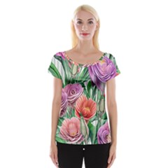 Captivating Watercolor Flowers Cap Sleeve Top by GardenOfOphir