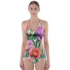 Captivating Watercolor Flowers Cut-out One Piece Swimsuit by GardenOfOphir