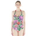 Captivating Watercolor Flowers Halter Swimsuit View1