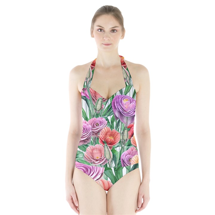 Captivating Watercolor Flowers Halter Swimsuit