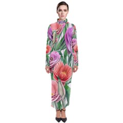 Captivating Watercolor Flowers Turtleneck Maxi Dress by GardenOfOphir