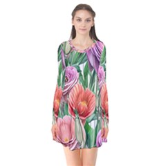 Captivating Watercolor Flowers Long Sleeve V-neck Flare Dress by GardenOfOphir