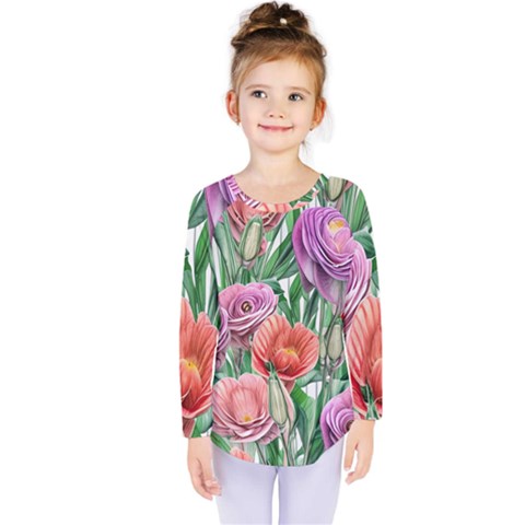 Captivating Watercolor Flowers Kids  Long Sleeve Tee by GardenOfOphir