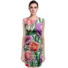 Captivating Watercolor Flowers Sleeveless Velvet Midi Dress by GardenOfOphir